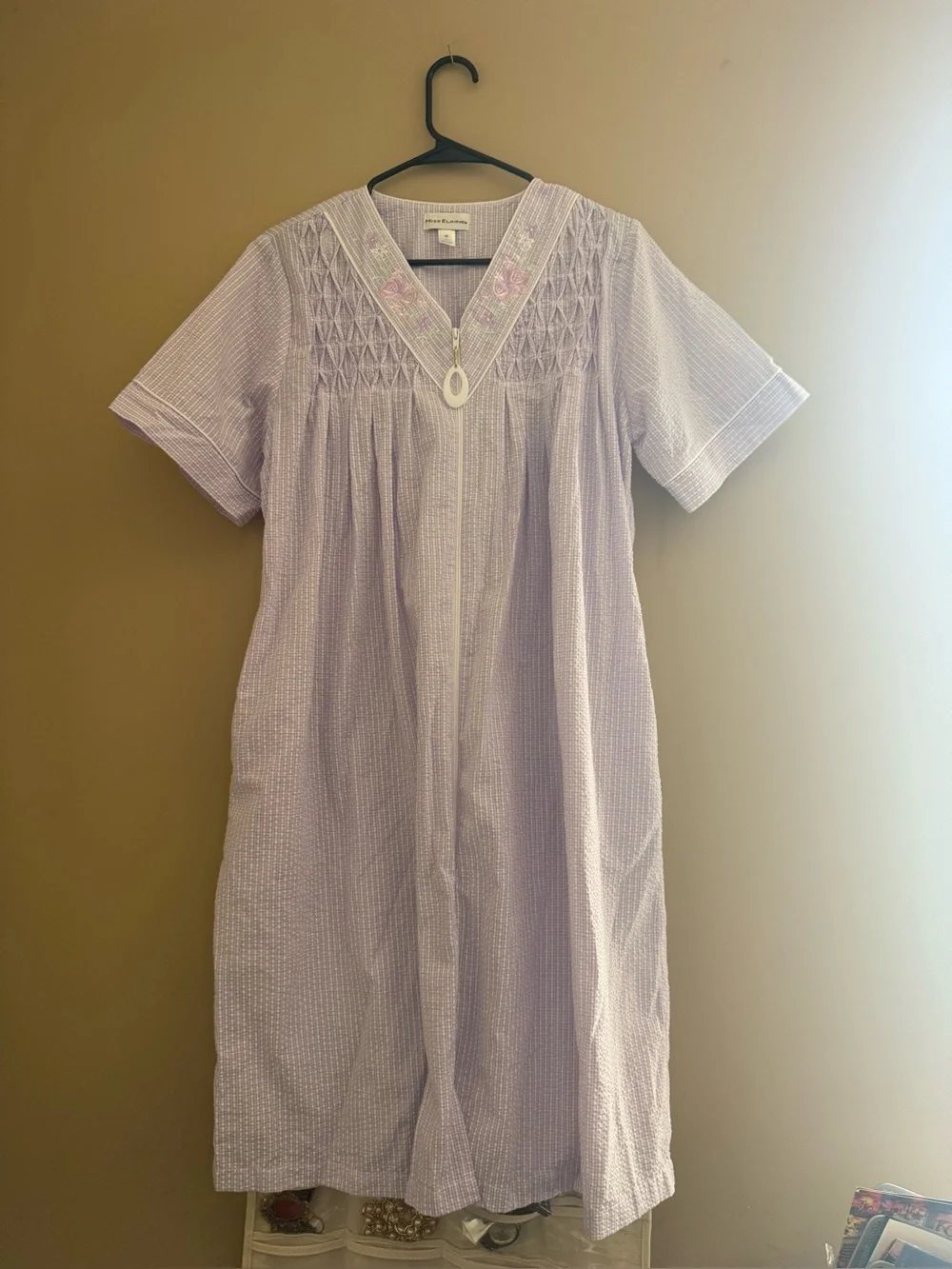 Miss Elaine Lilac Smocked V-Neck Zip sleep Dress nightgown robe pajamas medium